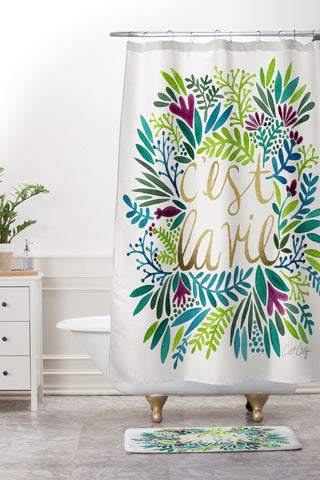 Cat Coquillette Cest La Vie Blue Green Shower Curtain And Mat