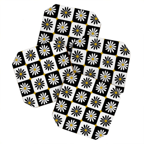 Cat Coquillette Checkered Daisies Black White Coaster Set