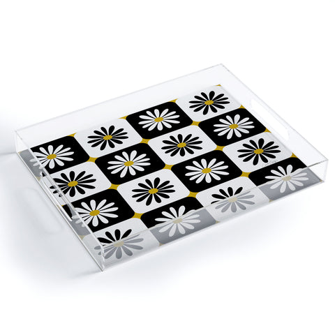 Cat Coquillette Checkered Daisies Black White Acrylic Tray