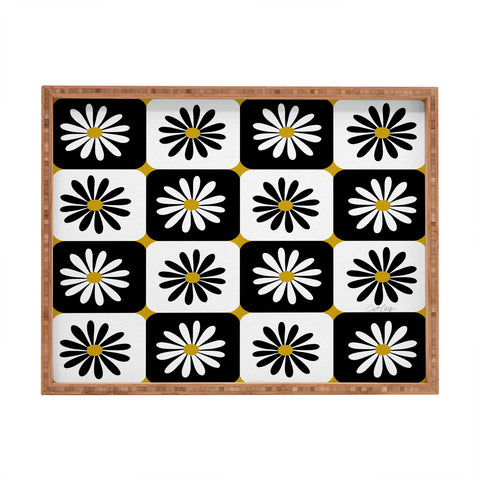 Cat Coquillette Checkered Daisies Black White Rectangular Tray