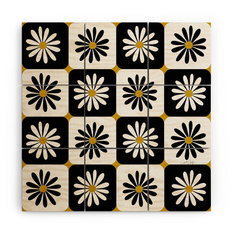 Cat Coquillette Checkered Daisies Black White Wood Wall Mural