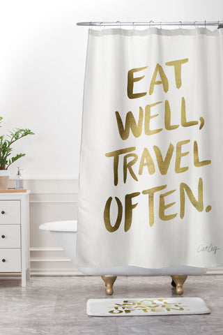 Cat Coquillette Eat Well Travel Often Gold Shower Curtain And Mat