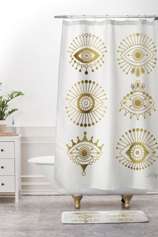 Cat Coquillette Evil Eyes Gold Shower Curtain And Mat