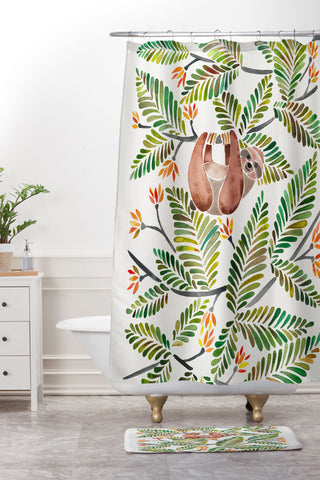 Cat Coquillette Happy Sloth Tropical Green Rainforest Shower Curtain And Mat