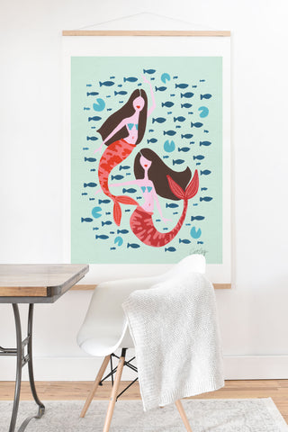 Cat Coquillette Koi Mermaids on Mint Art Print And Hanger