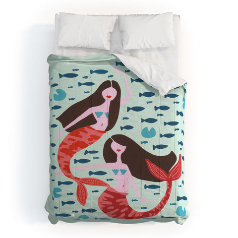 Cat Coquillette Koi Mermaids on Mint Comforter