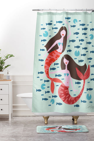 Cat Coquillette Koi Mermaids on Mint Shower Curtain And Mat