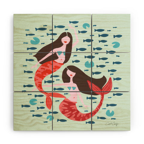 Cat Coquillette Koi Mermaids on Mint Wood Wall Mural
