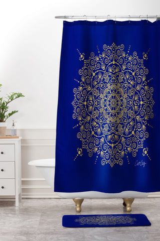 Cat Coquillette Moroccan Mandala Gold Navy Shower Curtain And Mat