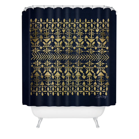 Cat Coquillette Norwegian Pattern Navy Gold Shower Curtain