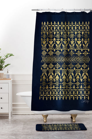 Cat Coquillette Norwegian Pattern Navy Gold Shower Curtain And Mat
