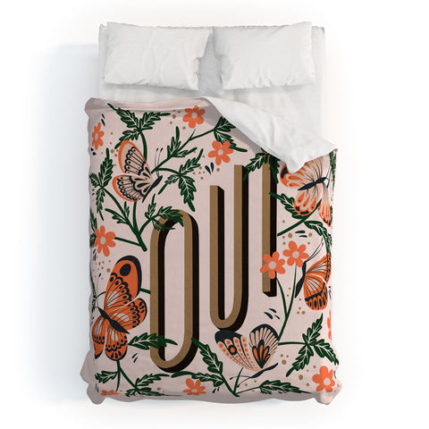 Cat Coquillette Oui Butterflies Coral Green Duvet Cover