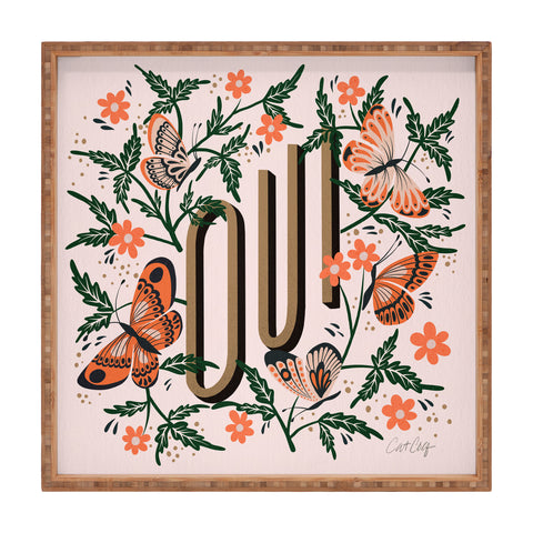 Cat Coquillette Oui Butterflies Coral Green Square Tray