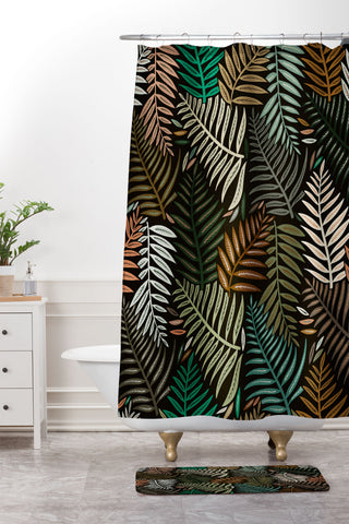 Cat Coquillette Palm Pattern Khaki Green Shower Curtain And Mat