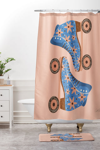 Cat Coquillette Retro Roller Skates Blue Shower Curtain And Mat