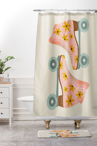 Cat Coquillette Retro Roller Skates Blush Shower Curtain And Mat