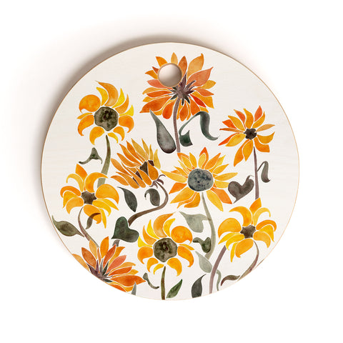 Cat Coquillette Sunflower Watercolor Yellow Cutting Board Round