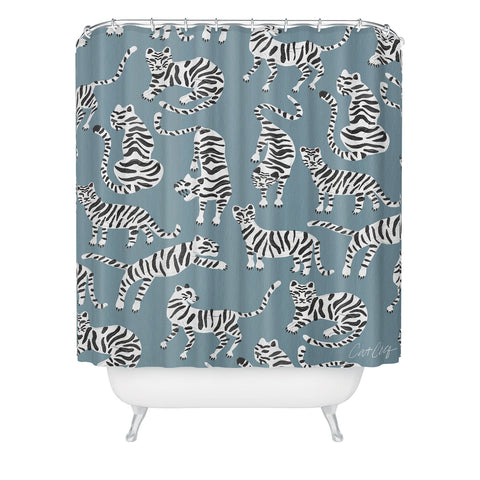 Cat Coquillette Tiger Collection White on Blue Shower Curtain