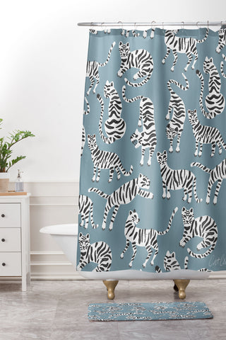 Cat Coquillette Tiger Collection White on Blue Shower Curtain And Mat