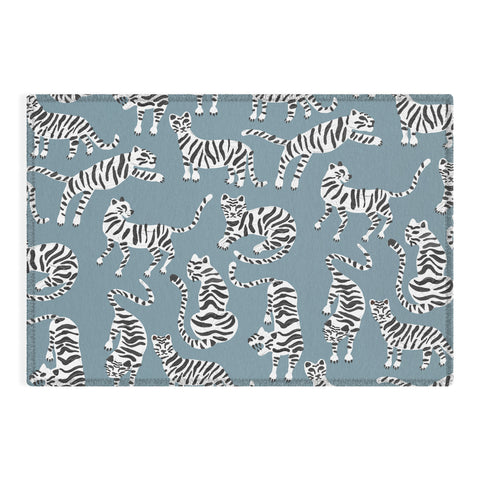 Cat Coquillette Tiger Collection White on Blue Outdoor Rug