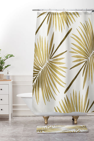 Cat Coquillette Tropical Fan Palm Gold Pattern Shower Curtain And Mat