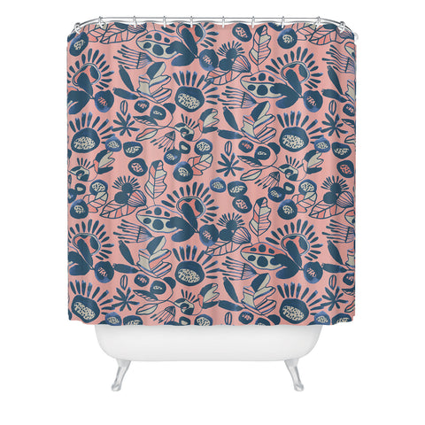 CayenaBlanca Indigo and Coral Shower Curtain
