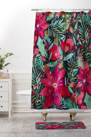 CayenaBlanca Watercolour Christmas Flowers Shower Curtain And Mat