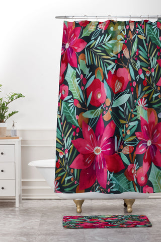 CayenaBlanca Watercolour Christmas Flowers Shower Curtain And Mat