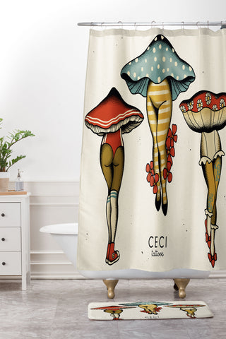 CeciTattoos Dressed up mushroom babes Shower Curtain And Mat