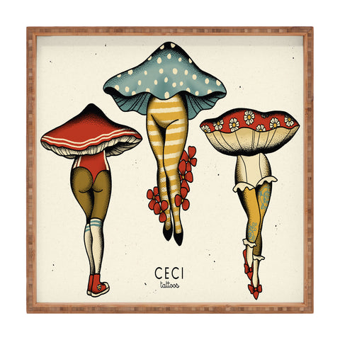 CeciTattoos Dressed up mushroom babes Square Tray