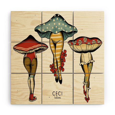 CeciTattoos Dressed up mushroom babes Wood Wall Mural