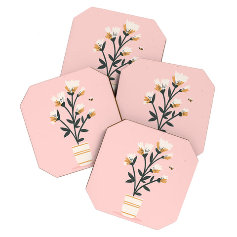 Charly Clements Bumble Bee Flowers Pink Coaster Set