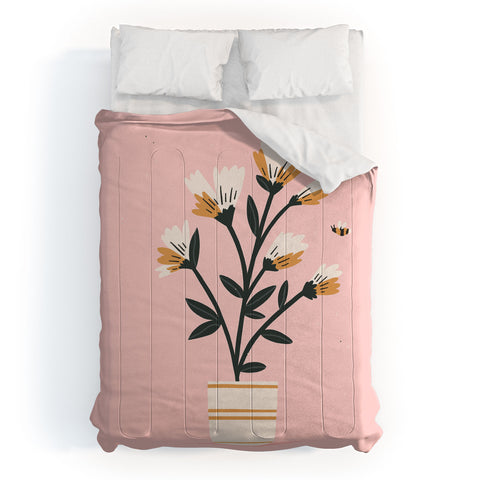 Charly Clements Bumble Bee Flowers Pink Comforter