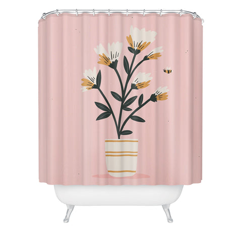 Charly Clements Bumble Bee Flowers Pink Shower Curtain