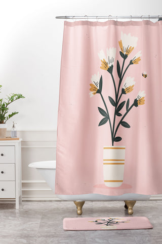 Charly Clements Bumble Bee Flowers Pink Shower Curtain And Mat