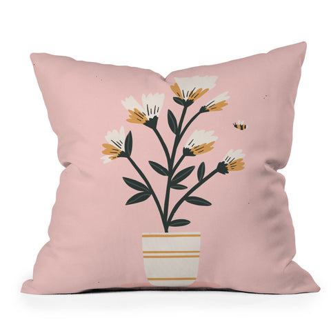 Charly Clements Bumble Bee Flowers Pink Throw Pillow