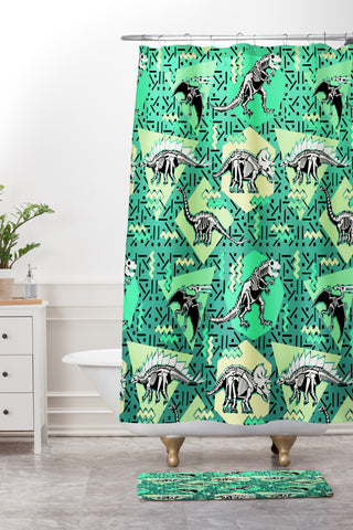 Chobopop Nineties Dinosaur Skeleton Pattern Shower Curtain And Mat