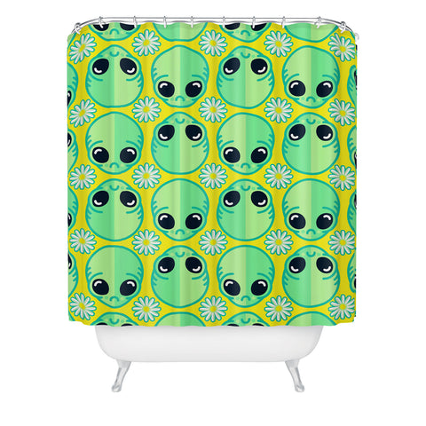 Chobopop Sad Alien And Daisy Pattern Shower Curtain