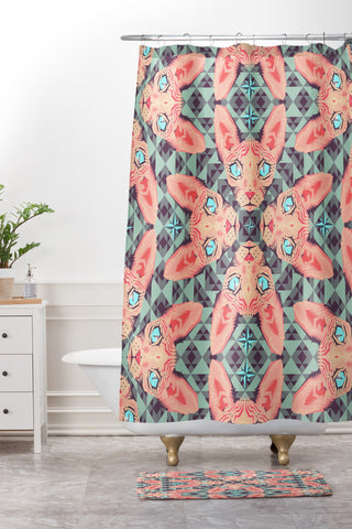 Chobopop Sphynx Cat Blue Pattern Shower Curtain And Mat