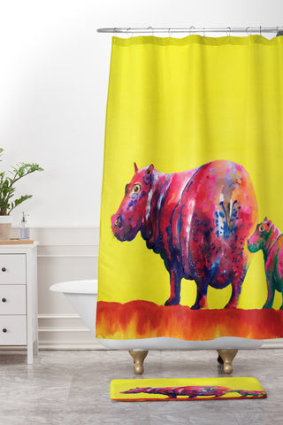 Clara Nilles Habanero Hippopotamus On Lemon Meringue Shower Curtain And Mat