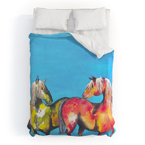 Clara Nilles Painted Ponies On Turquoise Duvet Cover