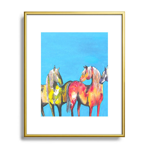 Clara Nilles Painted Ponies On Turquoise Metal Framed Art Print