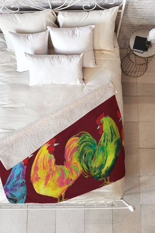 Clara Nilles Rainbow Roosters On Sangria Fleece Throw Blanket