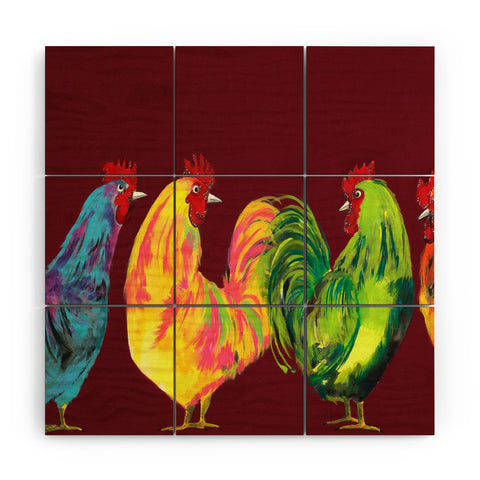 Clara Nilles Rainbow Roosters On Sangria Wood Wall Mural
