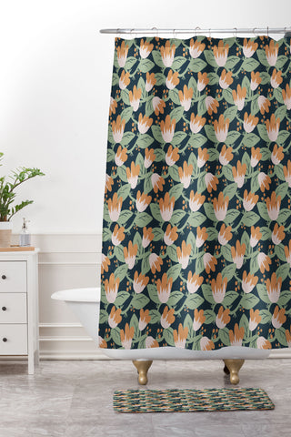 CoastL Studio Floral Vines Navy Shower Curtain And Mat