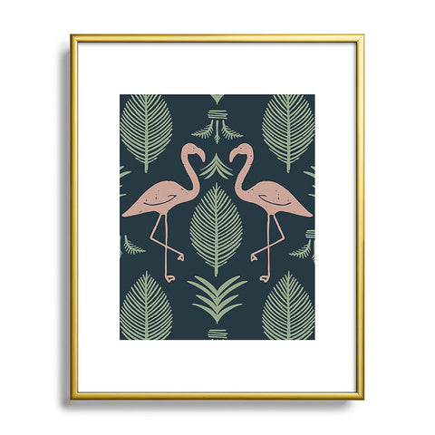 CoastL Studio Palm Flamingos Navy Metal Framed Art Print