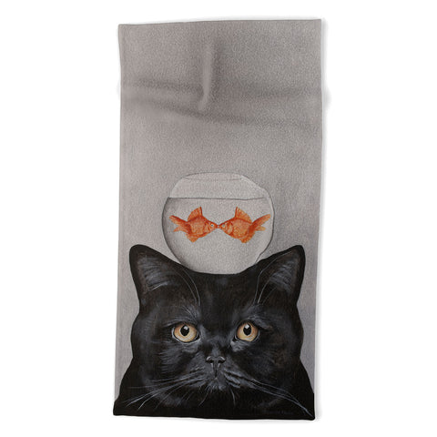 Coco de Paris Black cat with fishbowl Beach Towel