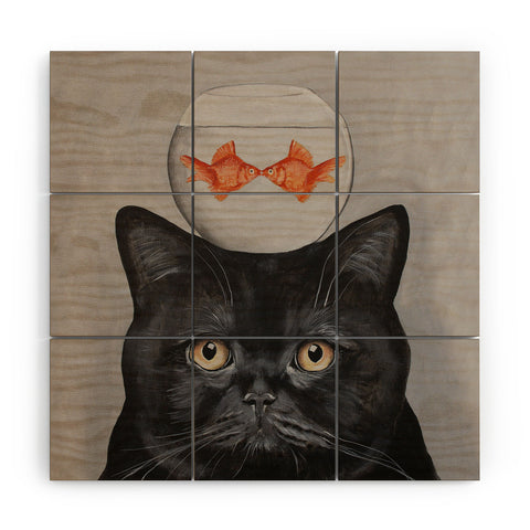 Coco de Paris Black cat with fishbowl Wood Wall Mural