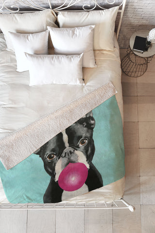 Coco de Paris Boston Terrier blowing bubblegum Fleece Throw Blanket