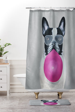 Coco de Paris Bulldog with bubblegum Shower Curtain And Mat